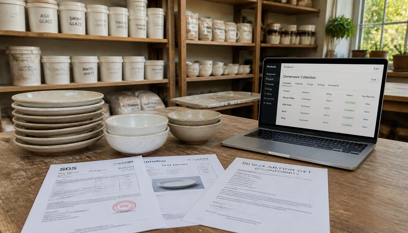Pile d'assiettes et bols en grès sur une table d'atelier, entourés de rapports de tests de migration et d'une Déclaration de Conformité