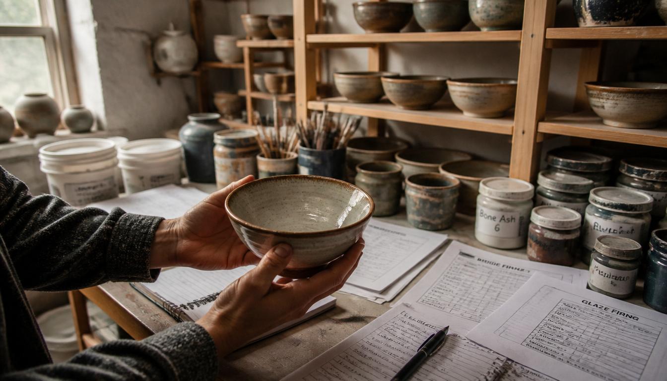 Potier tenant un bol émaillé au-dessus de fiches de recettes d'émaux, entouré de pots de glaçures dans un atelier de céramique